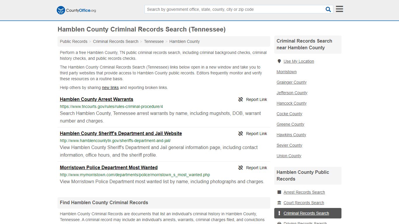 Hamblen County Criminal Records Search (Tennessee) - County Office